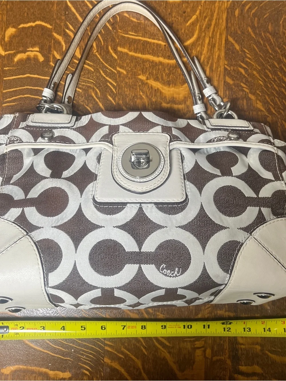 Coach Op Art Peyton Carryall Brown & White Signature Shoulder Bag with Turnlock